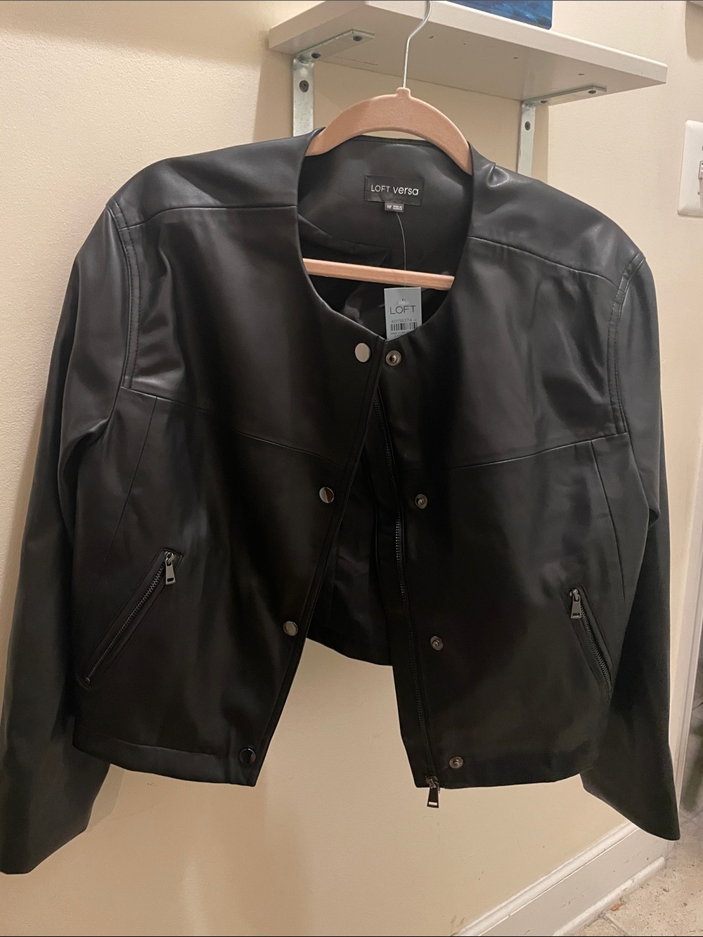 LOFT Black Faux Leather Collarless Jacket